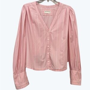We The Free Pink White Striped Cotton Blouse Boxy Cropped Button Front M